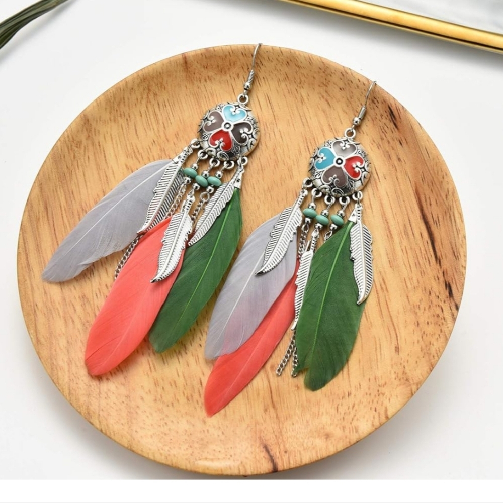 Colorful Feather Dangle Earrings - Picture 4 of 5
